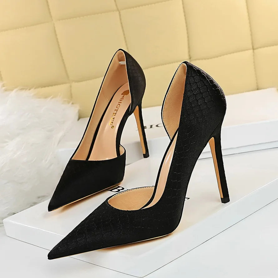 Shoes Woman Pumps Pointed Toe Shallow High Heels Snakeskin Satin Thin Heel Sandals Stiletto Party Shoes