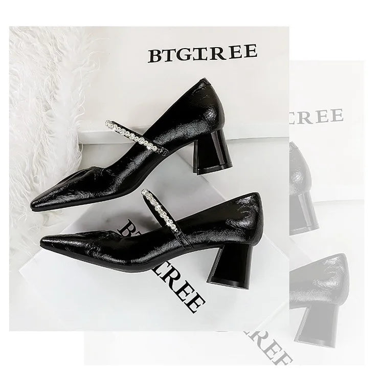 Heels Women Fashion CRYSTAL Pearl Pumps Square Toe Stripper Elegant Party Square Heel Ladies Shoes