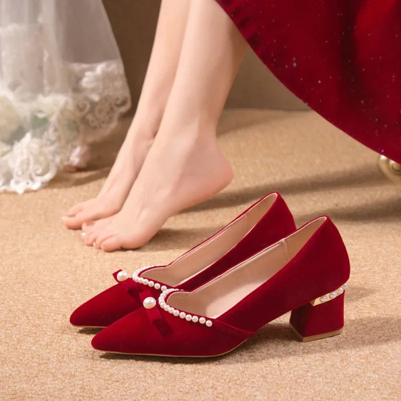 Women's Chunky Heel Pointed Toe Slip-On Shoes Wedding Dress Two-Way Wear Pearl Red Bridal Shoes Spring Autumn New Style