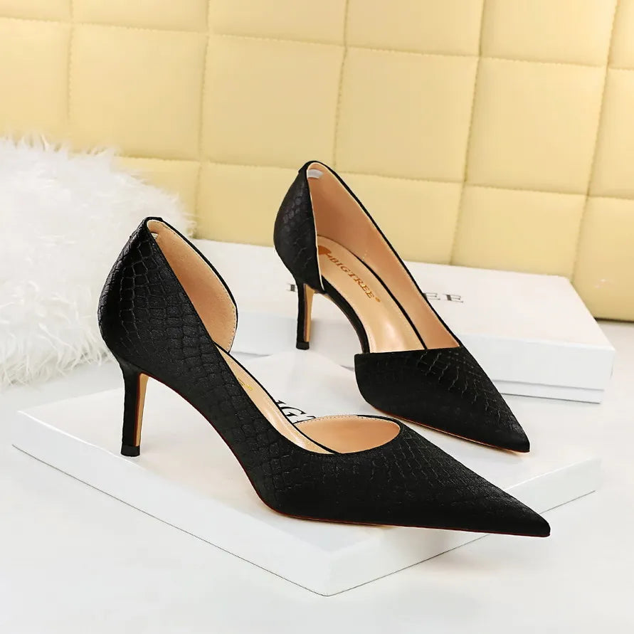 Shoes Woman Pumps Pointed Toe Shallow High Heels Snakeskin Satin Thin Heel Sandals Stiletto Party Shoes
