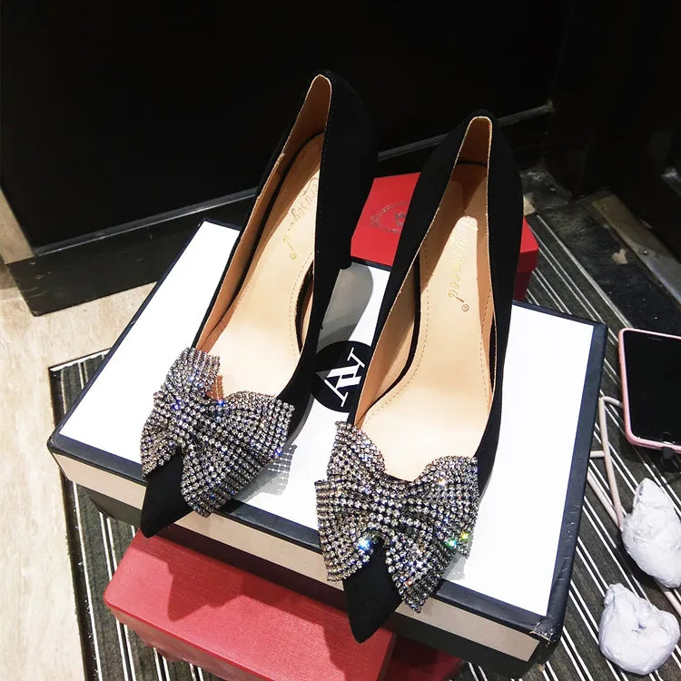 Black high-heeled shoes for women slim heel, pointed rhinestone, shallow bow, mid length single order shoes