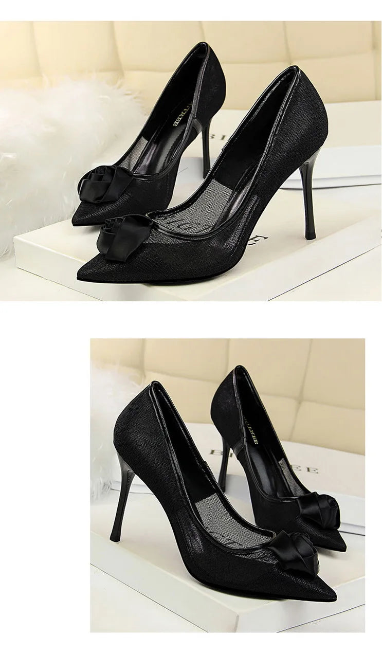 Women's Sexy Nightclub Pole Dancing Show Thin Heels High Mesh Hollowed Out Satin Rose Flower Woman Pumps