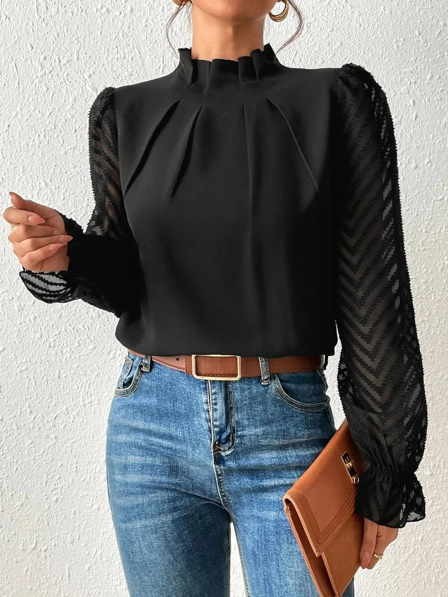 Elegant Blouse White Women's Shirt 2024 New Half High Neck Spliced Wave Pattern Chiffon Long sleeved Top Office Lady Natalia Home Fashion black-L Natalia Home Fashion