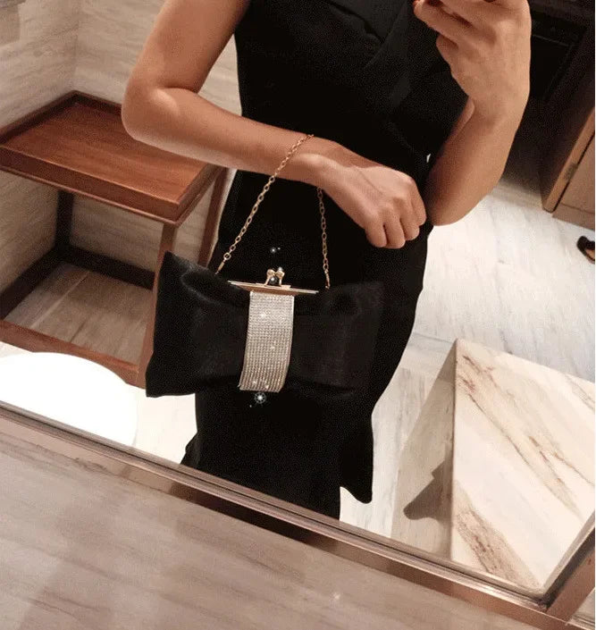 Bow women Cutch bag Luxury Party Satin Diamond Ladies Evening Bag lady Clutches small Chain messenger bags female wallet black