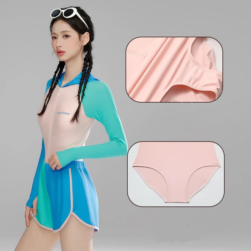 Women Long Sleeve Water Sports Outdoor Bathing Push Up Swim Wear Hooded Female Front Zipper Beach Athletic Surfing Swim Suit