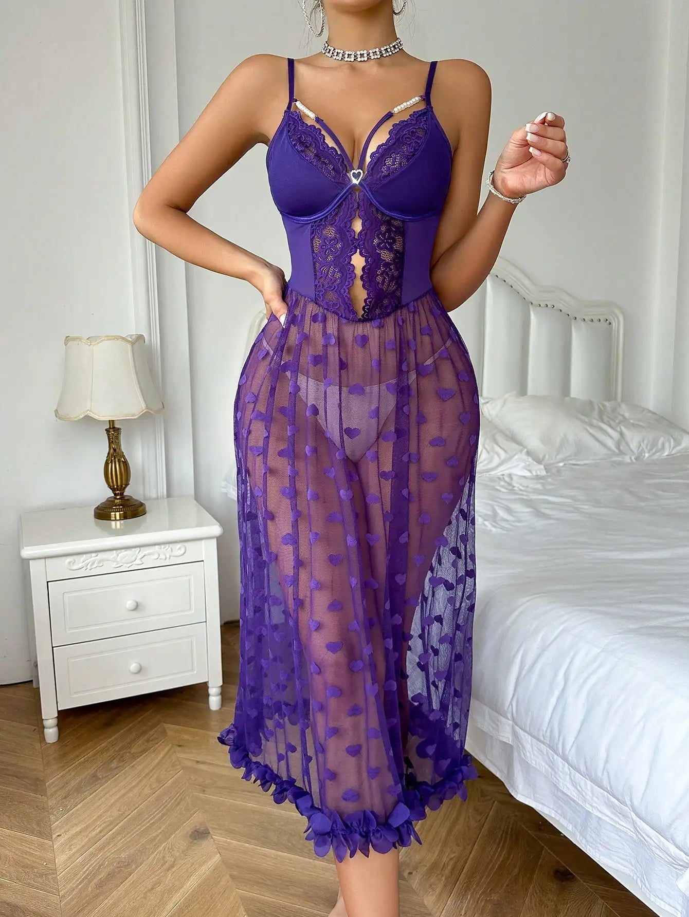 Pearl Chain Decoration, Heart Shape, Lace Sexy Pajama Night Dress Long Dress
