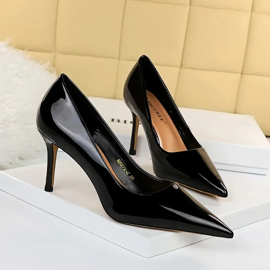Women High Heels Scar pins Pumps Lady Glossy Leather Fetish Wedding Bridal Mid Low Heels Office Shoes