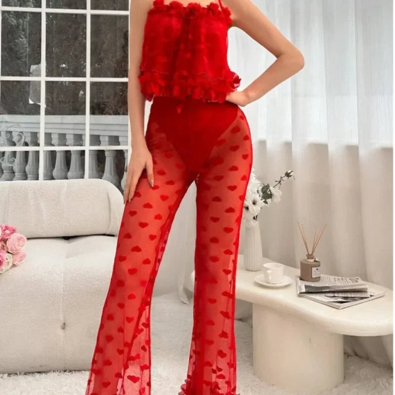 Women Pajamas Strap Lace Top Transparent Pants Sexy Lingerie Women Mesh Love Pants Camisole Halter Tops Hot Women's Night Shirts