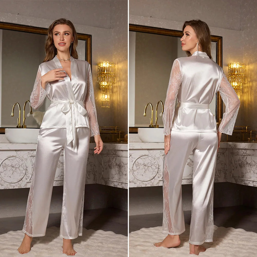 Sexy Lace Patchwork 2PCS Pajamas Set Loungewear Spring New Long Sleeve Trouser Pajamas Suit Loose Silky Home Clothes Lingerie