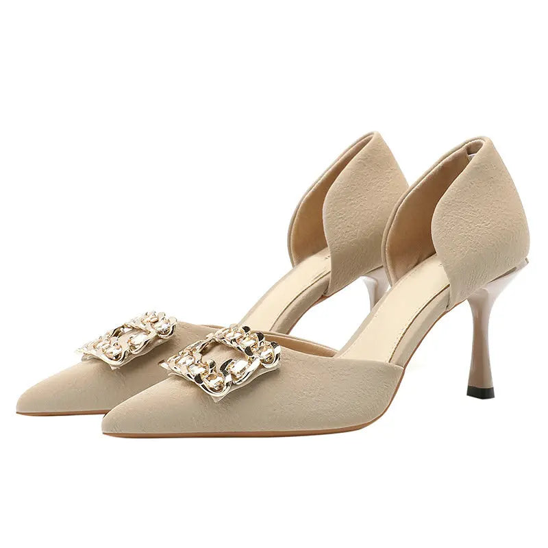 Leisure Rhinestone Square Buckle Extra Wide Hollow Sandals Pointed Head High Heel Single Shoes Women