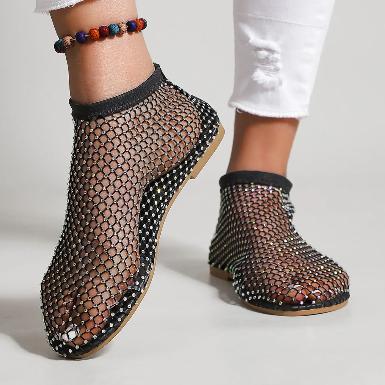 Women's Round Toe Flat Bottom Sandals Hollow Short Boots Water Diamond Sexy Flats Bottom Shoes Luxury Shoes Women