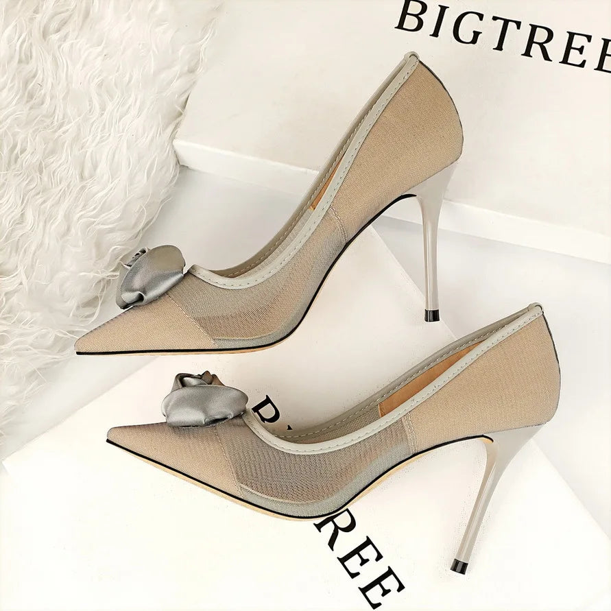 Women's Sexy Nightclub Pole Dancing Show Thin Heels High Mesh Hollowed Out Satin Rose Flower Woman Pumps