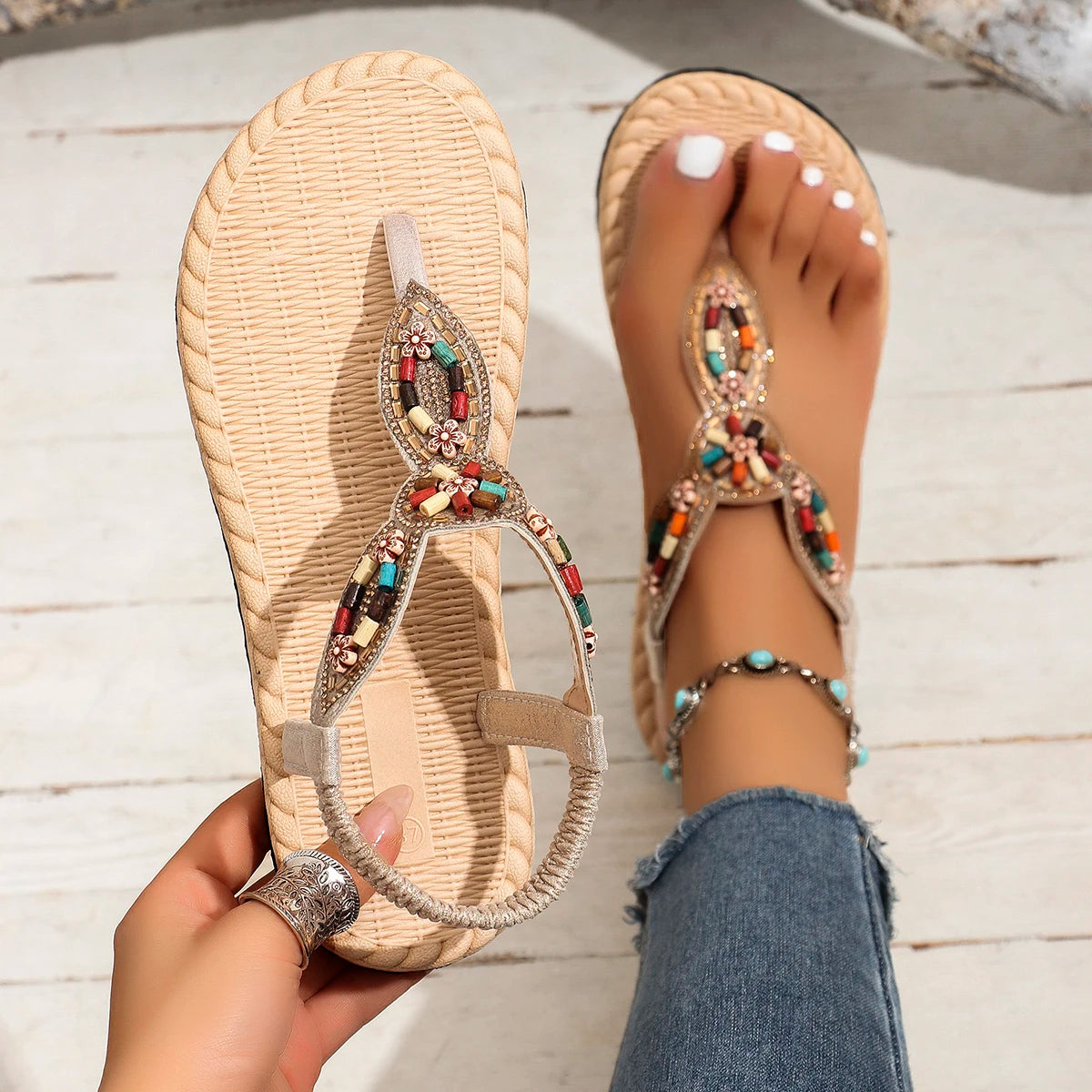 Women's retro casual Roman flat non-slip beaded sandals