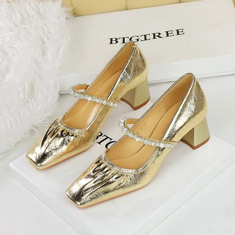 Heels Women Fashion CRYSTAL Pearl Pumps Square Toe Stripper Elegant Party Square Heel Ladies Shoes