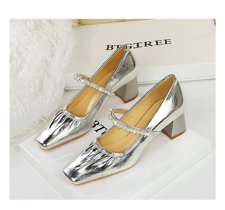 Heels Women Fashion CRYSTAL Pearl Pumps Square Toe Stripper Elegant Party Square Heel Ladies Shoes