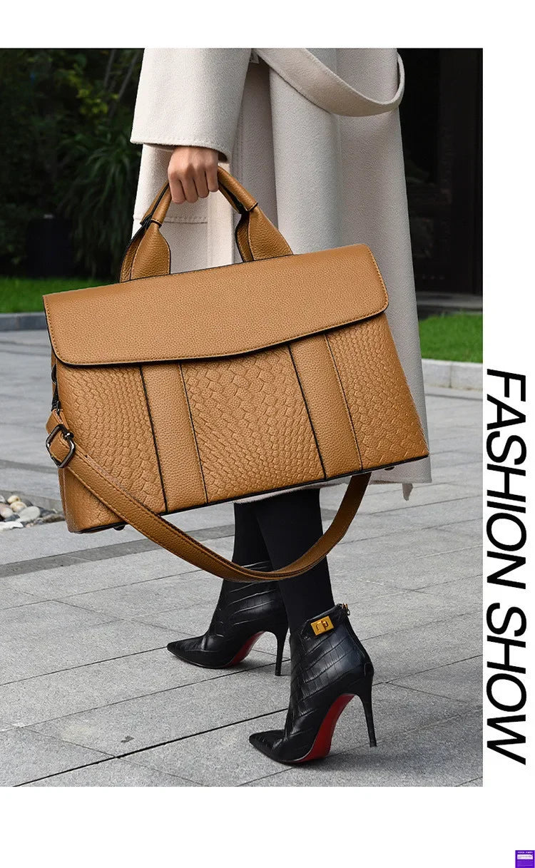 Large Capacity Ladies Handbag Fashion Woven Pattern Shoulder Bag Vintage Style Polyester Lining Soft PU Leather Material Commuter Bag