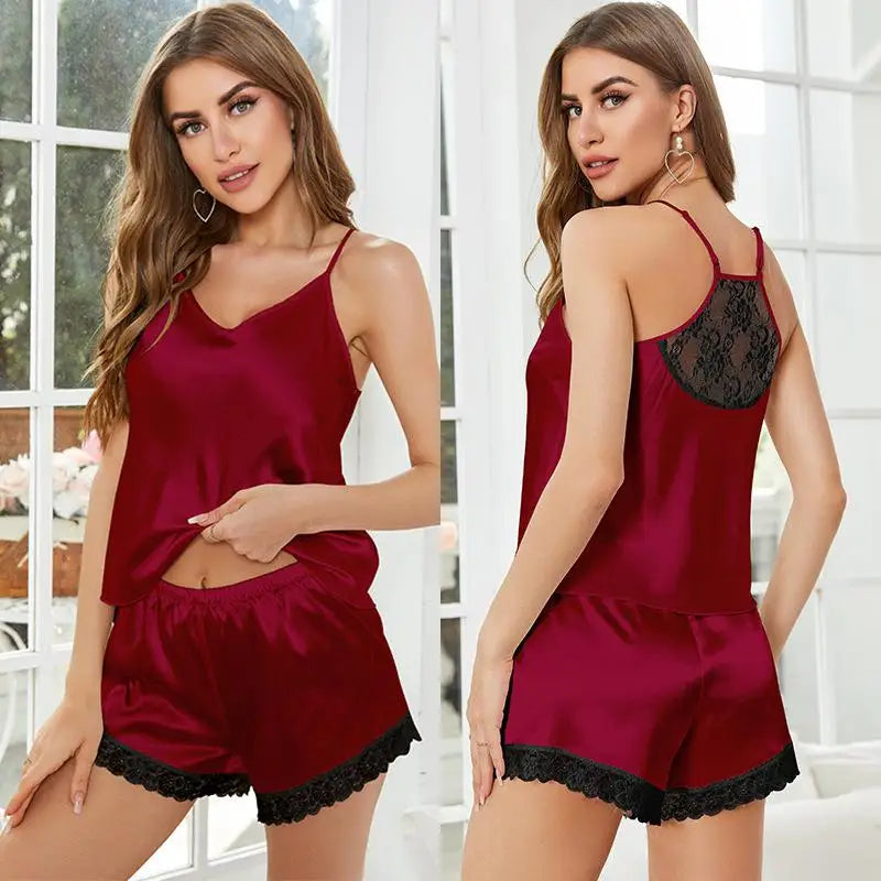 2Pcs Pajamas Sleep Set Home Clothes Women Sexy Lace Strap shorts Pajamas Suit Satin Sleepwear Nightwear Loungewear