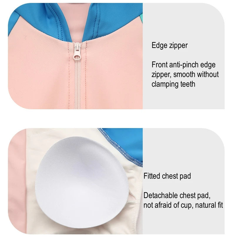 Women Long Sleeve Water Sports Outdoor Bathing Push Up Swim Wear Hooded Female Front Zipper Beach Athletic Surfing Swim Suit