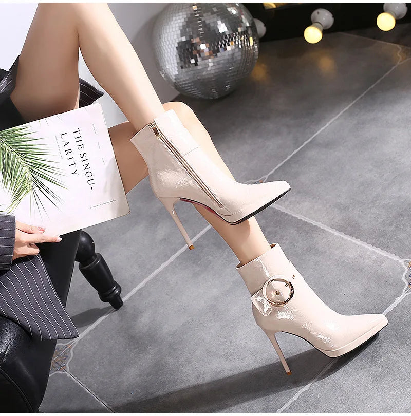 Women Ankle Boots Runway Style Sexy Belt Buckle Side Zip High Heels Patent Leather Party Dress Ladies Shoes