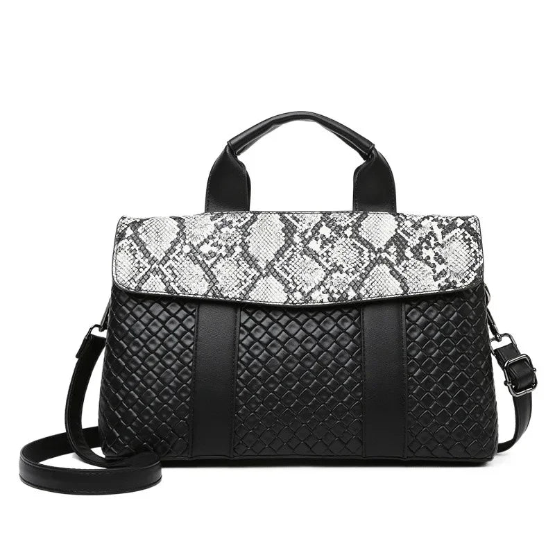 Large Capacity Ladies Handbag Fashion Woven Pattern Shoulder Bag Vintage Style Polyester Lining Soft PU Leather Material Commuter Bag