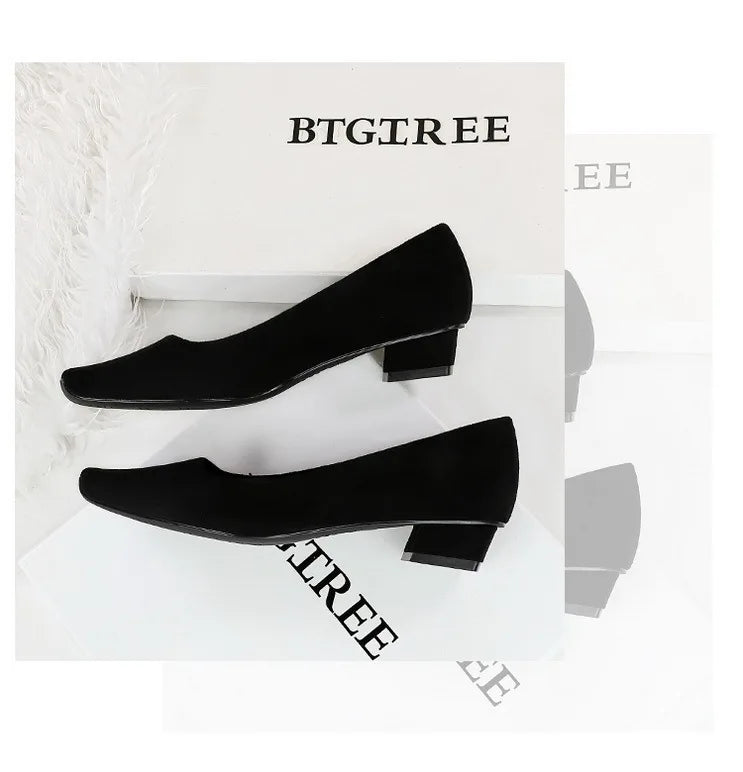 Women Fashion Style Quality Square Toe Low Heel Pumps Lady Prom Suede Shallow Mouth Thick High OL Single Shoes
