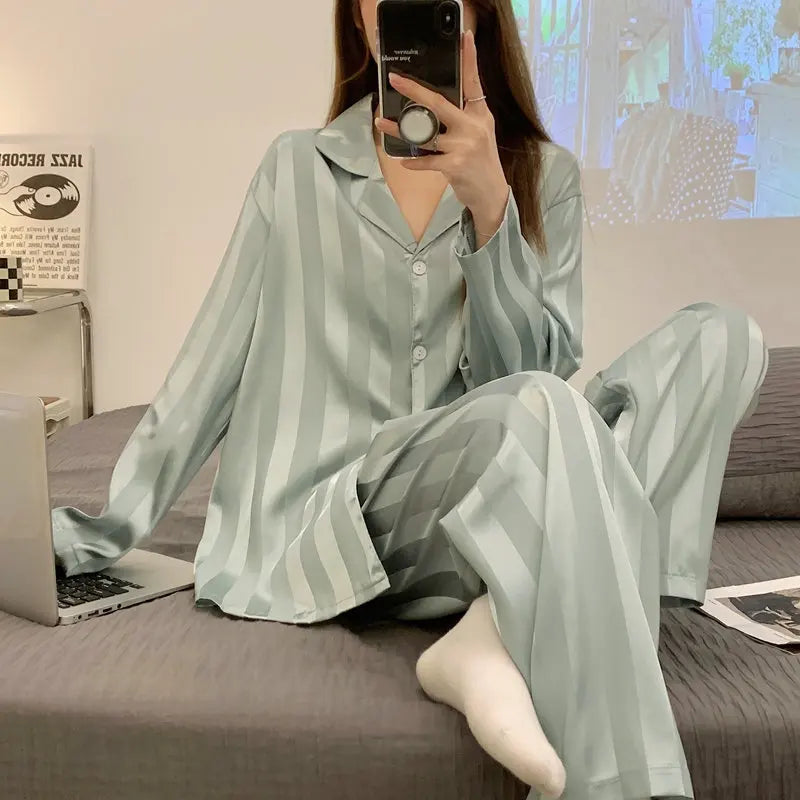 Striped Satin Pajamas Women Jacquard Loungewear Long Sleeve Trousers Two-Piece Set Solid Color Roll-Neck Cardigan Sleepwear