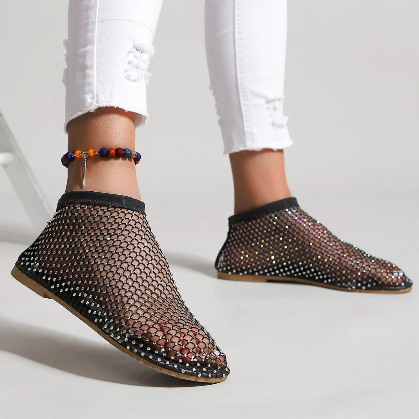 Women's Round Toe Flat Bottom Sandals Hollow Short Boots Water Diamond Sexy Flats Bottom Shoes Luxury Shoes Women