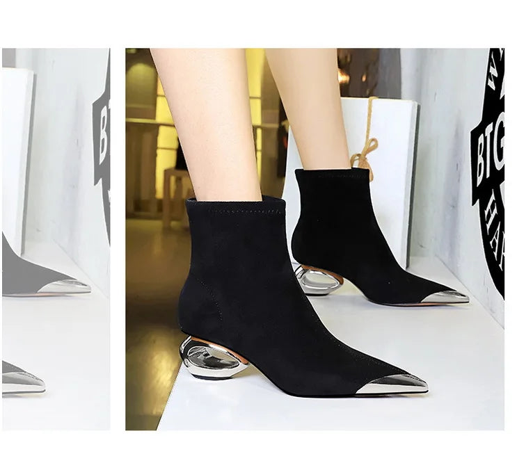 Street Style Fur Metal Hollow Heel Modern Faux Suede Short Boots for Women Metal Pointed Toe Low Heel Boots Female