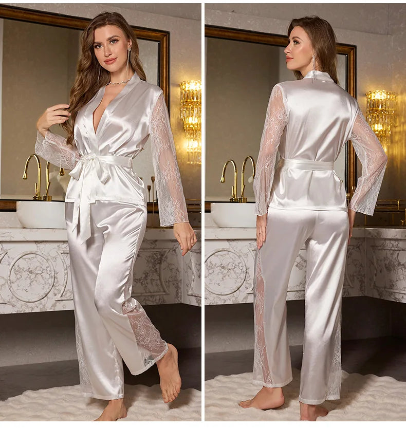Sexy Lace Patchwork 2PCS Pajamas Set Loungewear Spring New Long Sleeve Trouser Pajamas Suit Loose Silky Home Clothes Lingerie