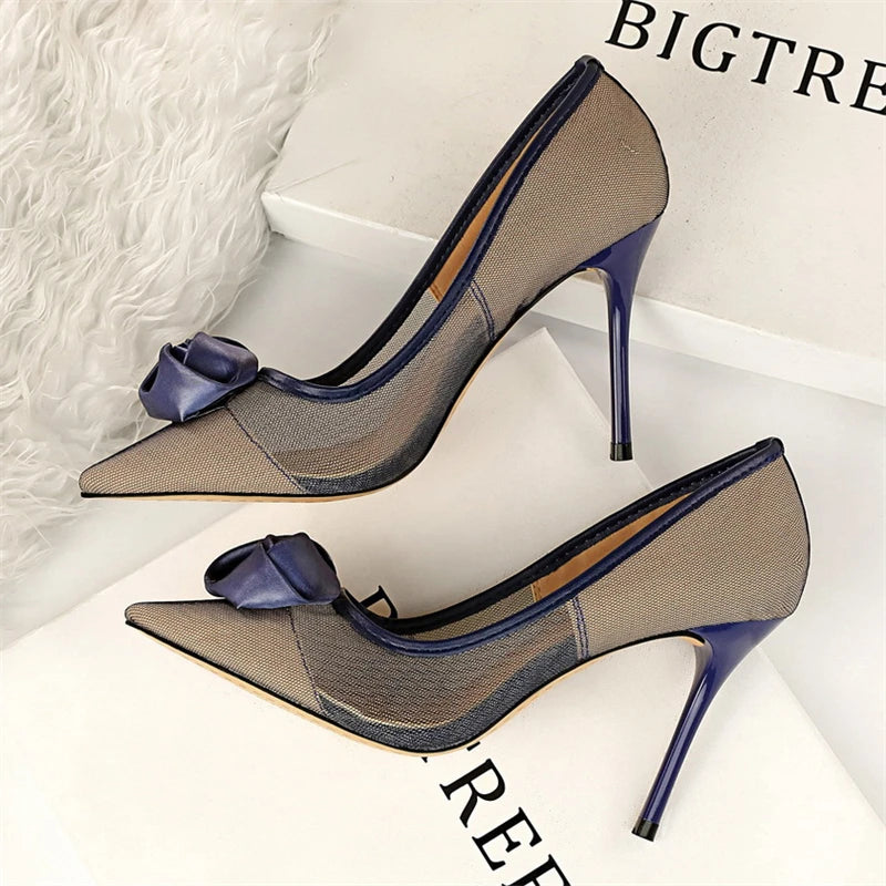 Women's Sexy Nightclub Pole Dancing Show Thin Heels High Mesh Hollowed Out Satin Rose Flower Woman Pumps