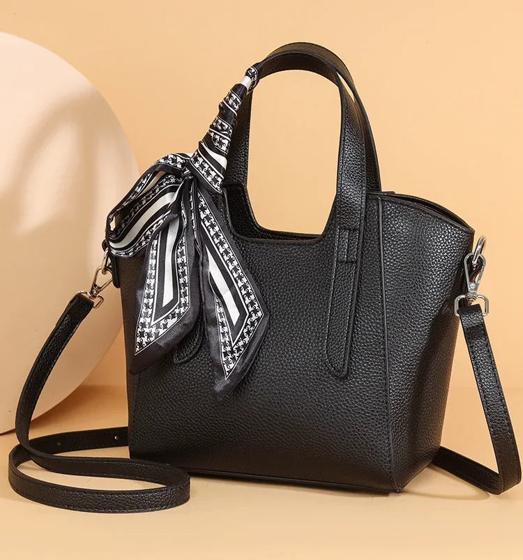 Pure Leather Cowhide Single Shoulder Crossbody Bag Ladies Handbag Fashion Bucket Bag Simple Basket Comes with Scarf