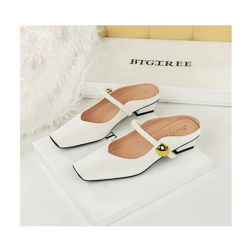 European Style Light-Mouthed Half-Slippers Women Wearing Thick Heels And Square-Toe Mary Jane Shoes One-Strap