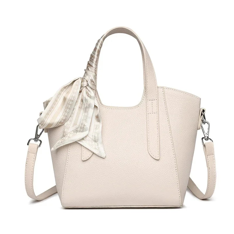 Pure Leather Cowhide Single Shoulder Crossbody Bag Ladies Handbag Fashion Bucket Bag Simple Basket Comes with Scarf