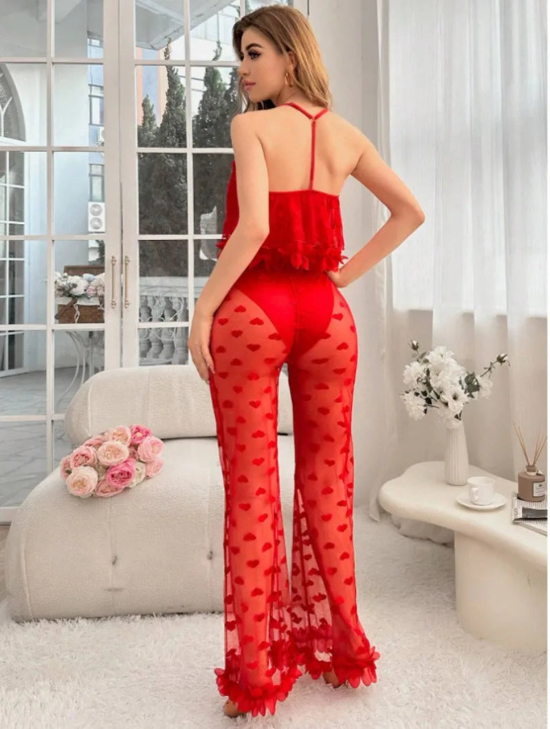 Women Pajamas Strap Lace Top Transparent Pants Sexy Lingerie Women Mesh Love Pants Camisole Halter Tops Hot Women's Night Shirts