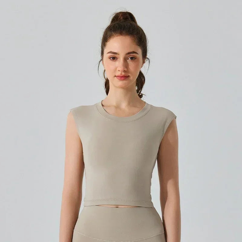 Sexy Backless Short-sleeved Summer Sports T-shirt Slim Waist Tank Top Fitness Vest with Fixed Chest Pad Yoga Clothes Natalia Home Fashion Khaki-XL Natalia Home Fashion