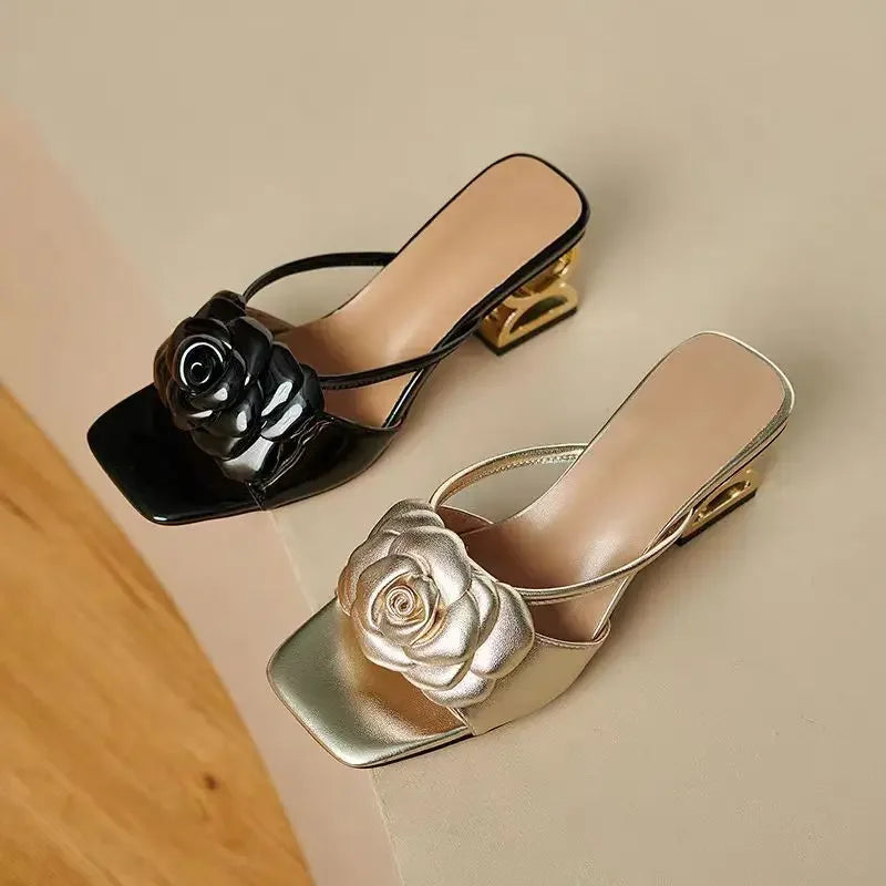 Camellia slippers fancy summer wear 2024 soft leather new line flower sandals open toe with half drag female Natalia Home Fashion Natalia Home Fashion