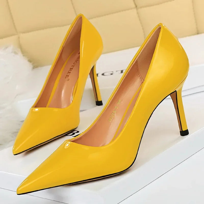 Women High Heels Scar pins Pumps Lady Glossy Leather Fetish Wedding Bridal Mid Low Heels Office Shoes