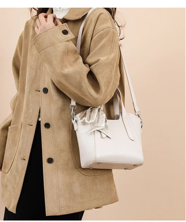 Pure Leather Cowhide Single Shoulder Crossbody Bag Ladies Handbag Fashion Bucket Bag Simple Basket Comes with Scarf