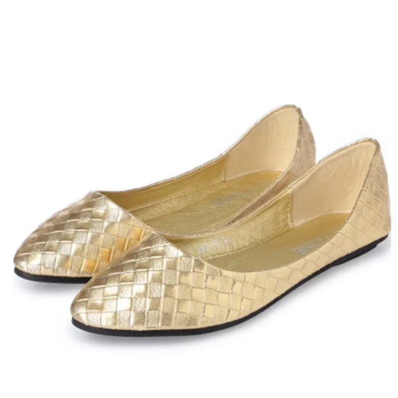 Ladies Ballet Flats Weaving Gold Silver Shoes Pointed Toe Breathable Slip-Ons Summer