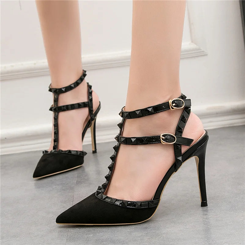 Summer Women 10cm Super High Heels Sandals Rivets Studded Stripper Valentine Strap Heels Wedding Luxury Shoes