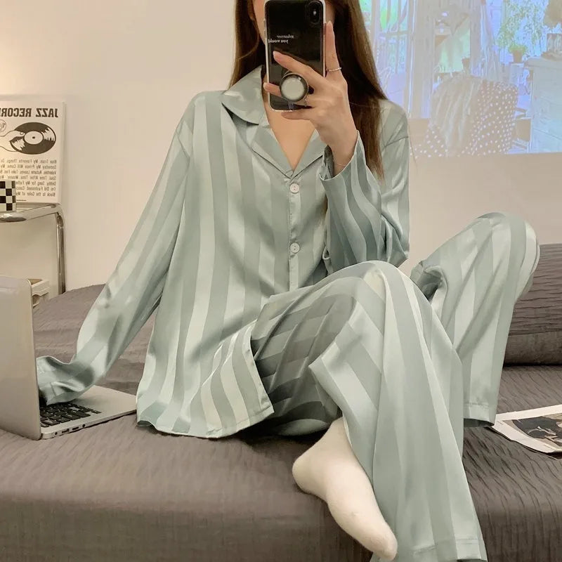 Striped Satin Pajamas Women Jacquard Loungewear Long Sleeve Trousers Two-Piece Set Solid Color Roll-Neck Cardigan Sleepwear