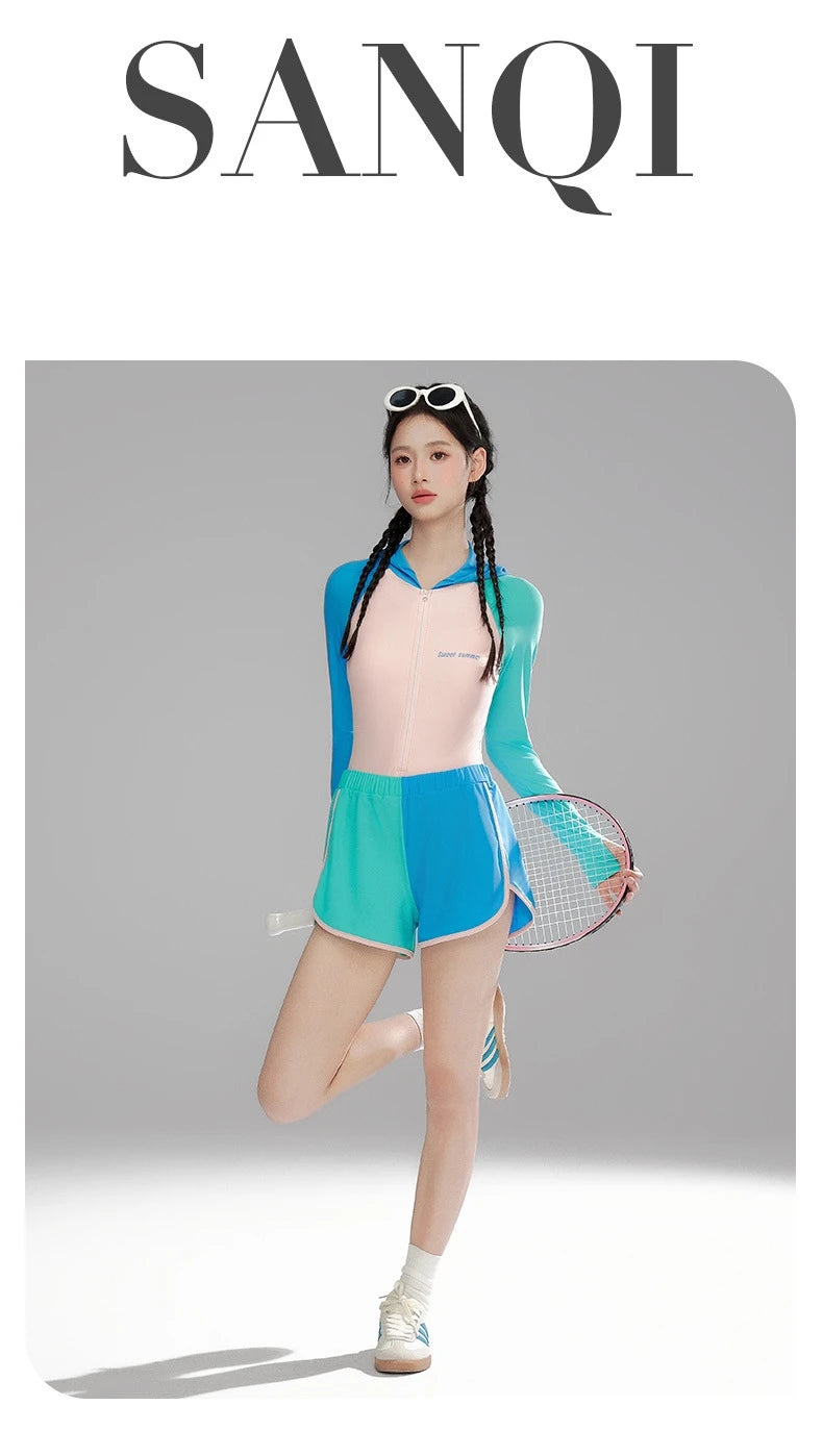 Women Long Sleeve Water Sports Outdoor Bathing Push Up Swim Wear Hooded Female Front Zipper Beach Athletic Surfing Swim Suit