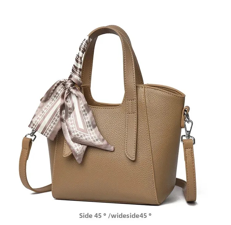 Pure Leather Cowhide Single Shoulder Crossbody Bag Ladies Handbag Fashion Bucket Bag Simple Basket Comes with Scarf