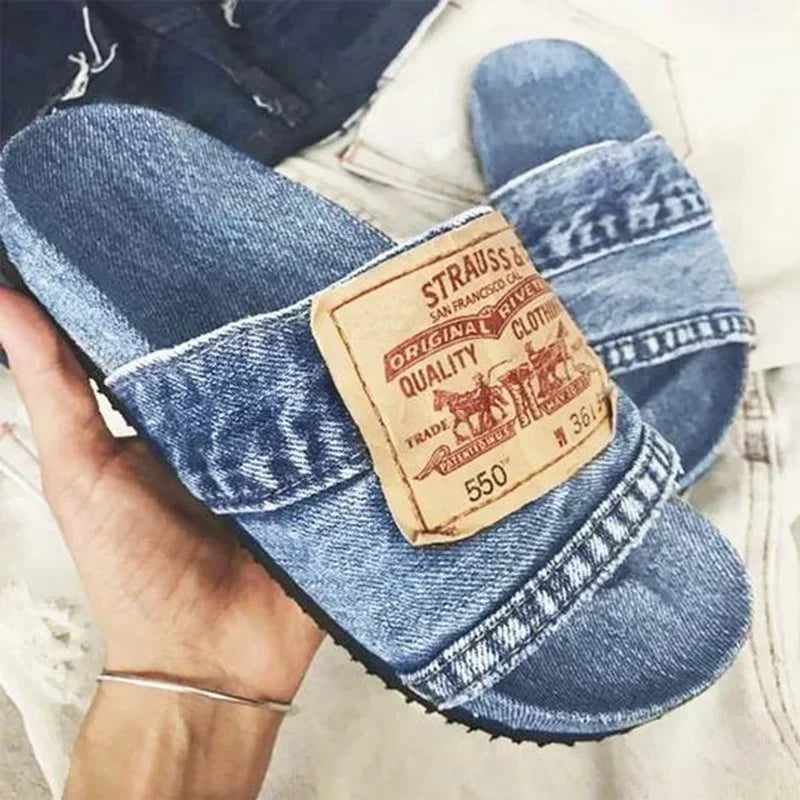 Women's Shoes Summer Shoes Women's Slippers Outdoor Solid Color Denim Open Toe Low Heel Large Size Casual Slippers