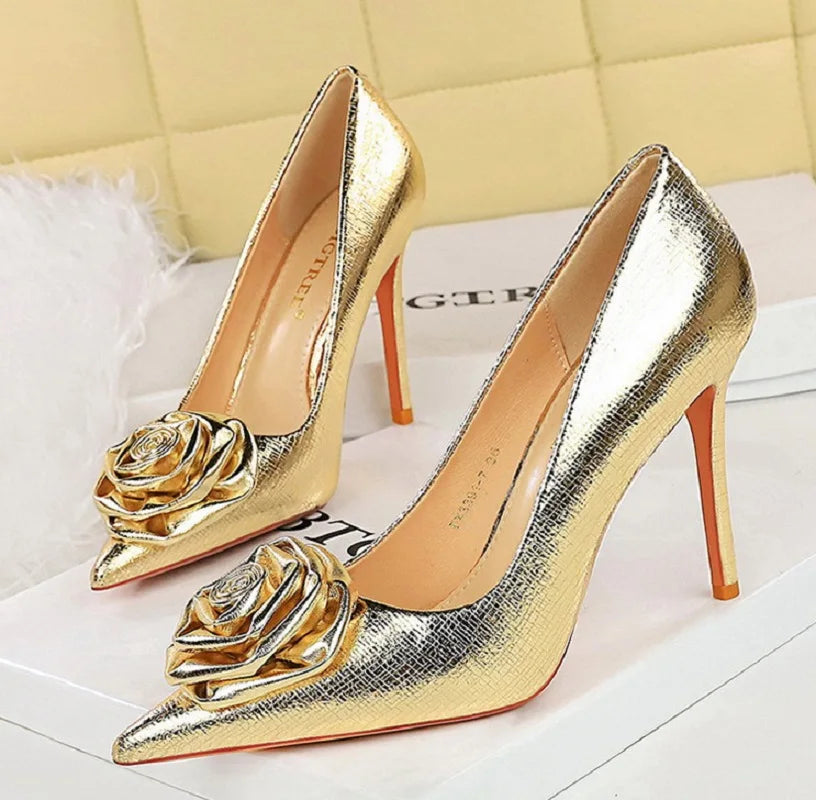 Patent Leather Flowers Women Pumps Sexy Pointed Toe Thin Low Heels Wedding Elegant Party Shoes Natalia Home Fashion Gold-10CM-43 Natalia Home Fashion