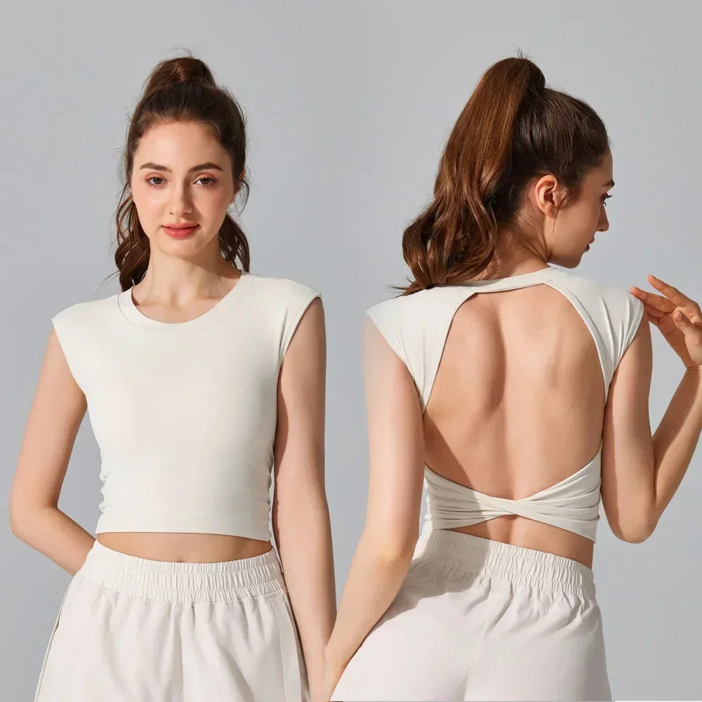 Sexy Backless Short-sleeved Summer Sports T-shirt Slim Waist Tank Top Fitness Vest with Fixed Chest Pad Yoga Clothes Natalia Home Fashion Natalia Home Fashion