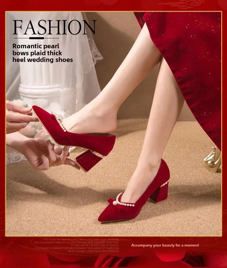 Women's Chunky Heel Pointed Toe Slip-On Shoes Wedding Dress Two-Way Wear Pearl Red Bridal Shoes Spring Autumn New Style