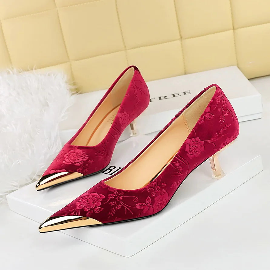 Women Vintage Velvet Evening Banquet Dress Pumps Lady 9cm 4cm High Heels Temperament Pointed Toe Royal Blue green Shoes