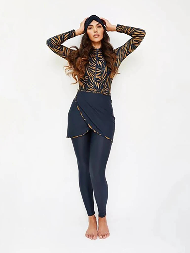 Muslim Swimwear Women Modest Patchwork Hijab Long Sleeves Sport Swimsuit 3pcs Islamic Burkinis Wear Bathing Suit