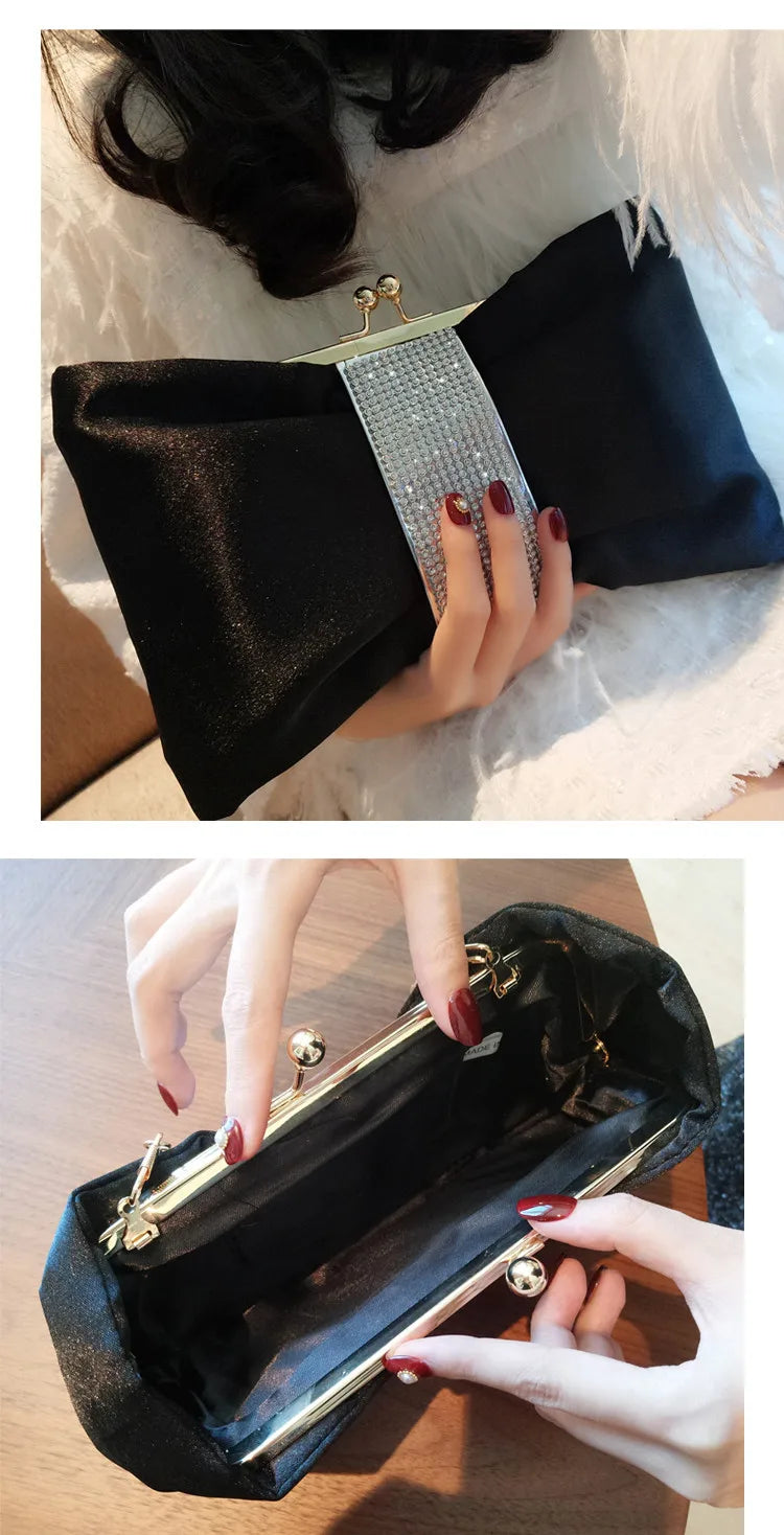 Bow women Cutch bag Luxury Party Satin Diamond Ladies Evening Bag lady Clutches small Chain messenger bags female wallet black